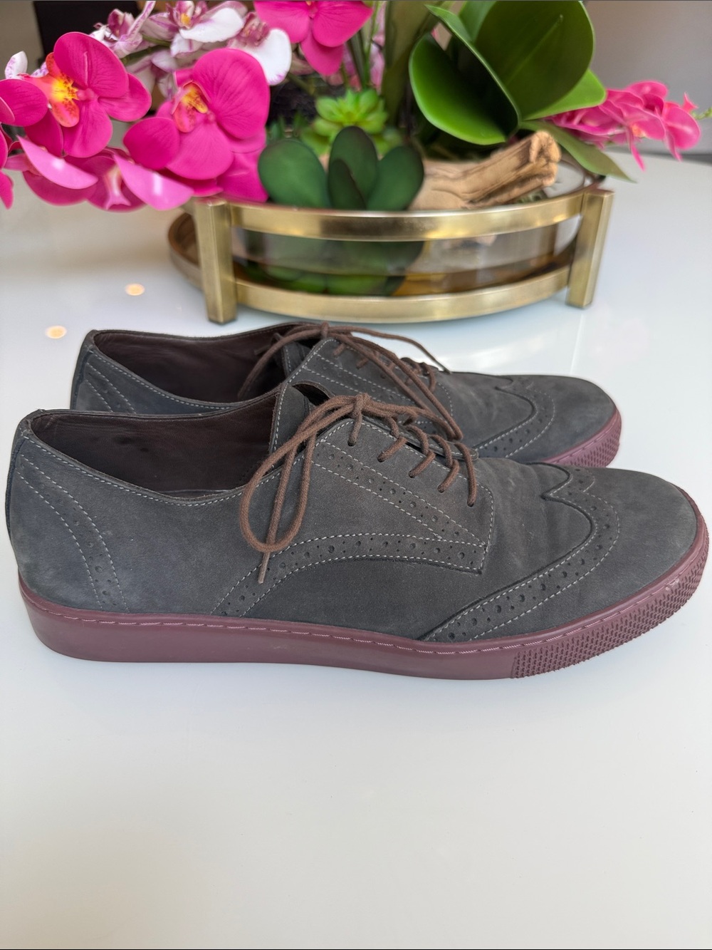 Aldo Gray Suede Wingtip Derbys with Burgundy Rubber Sole